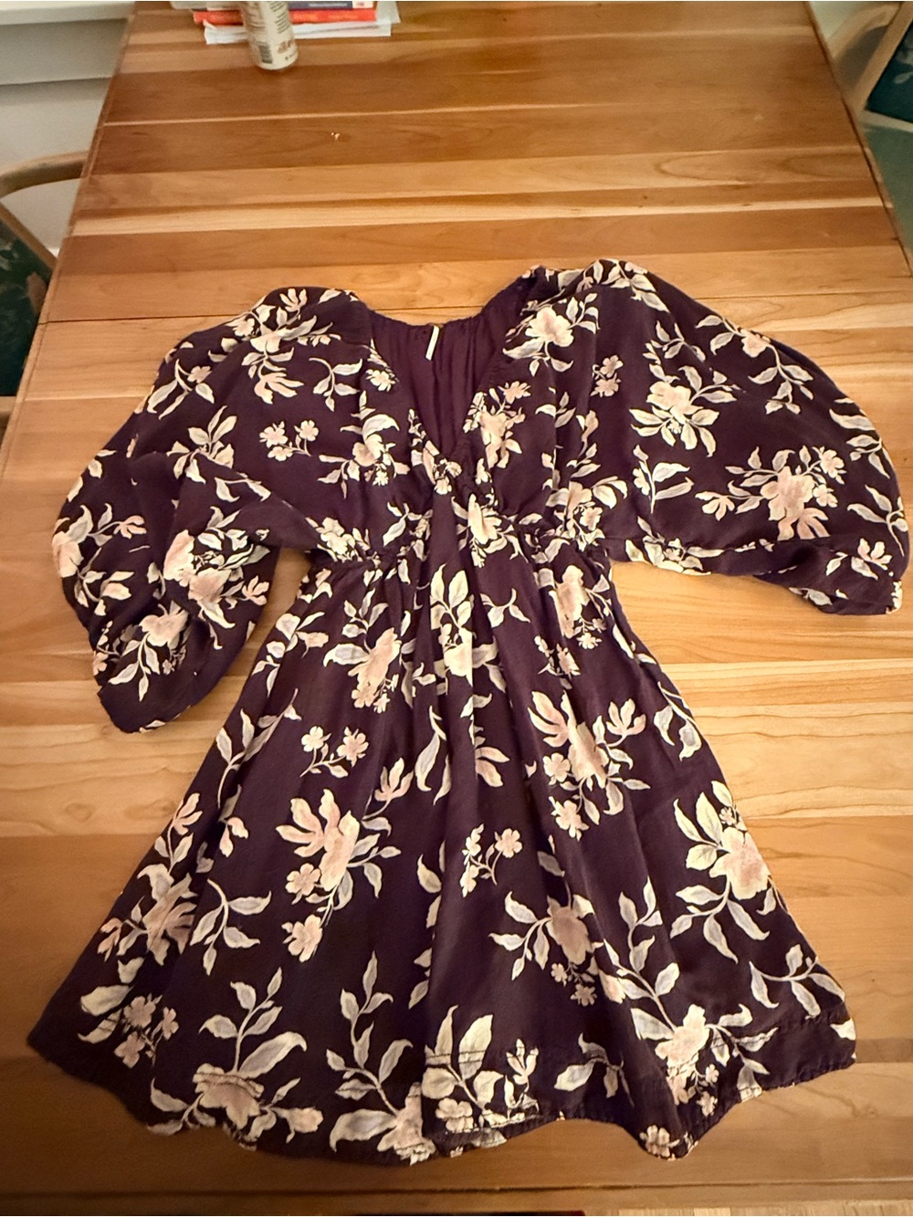 Free People Long Sleeve Floral Mini Dress in Deep Plum and Cream